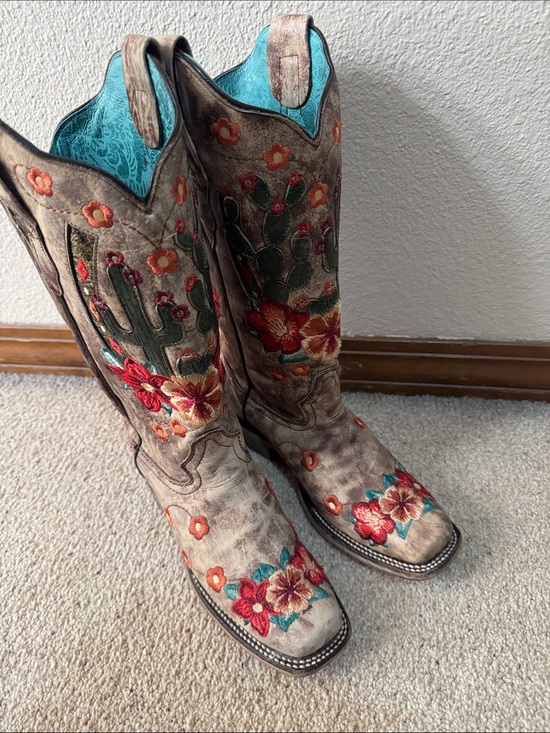 Corral Shoes - Corral Floral Cactus Embroidered Taupe Teal Women's Heeled Boots